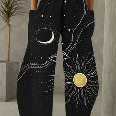 Women's Plus Eye & Moon & Sun Print High Rise Wide Leg Trousers
