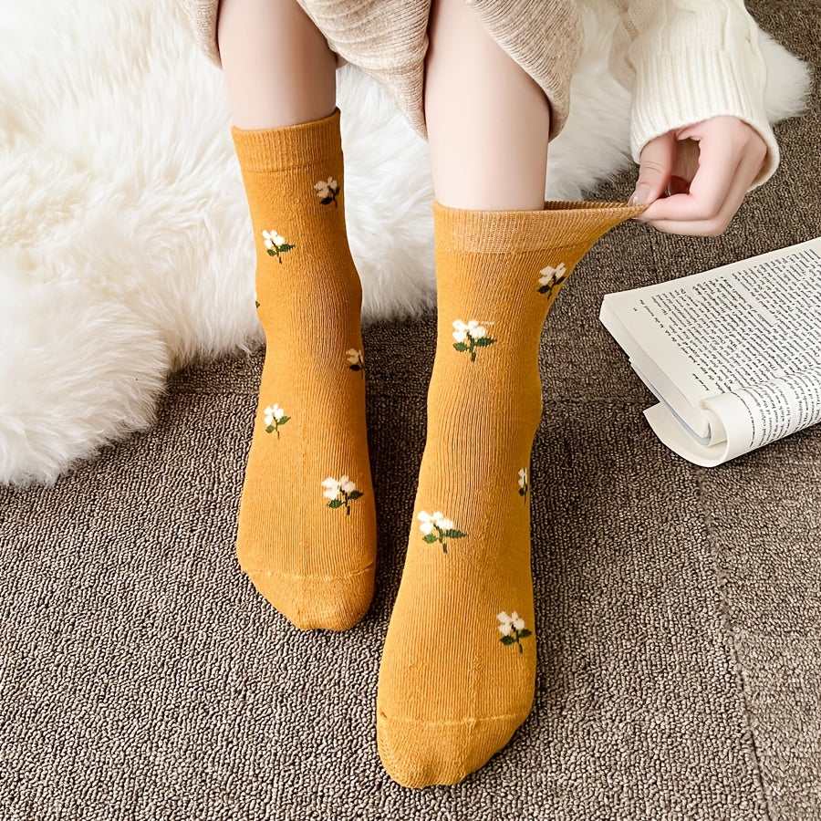 Sweet Floral Print Colorblock Mid Tube Socks Women's Stockings