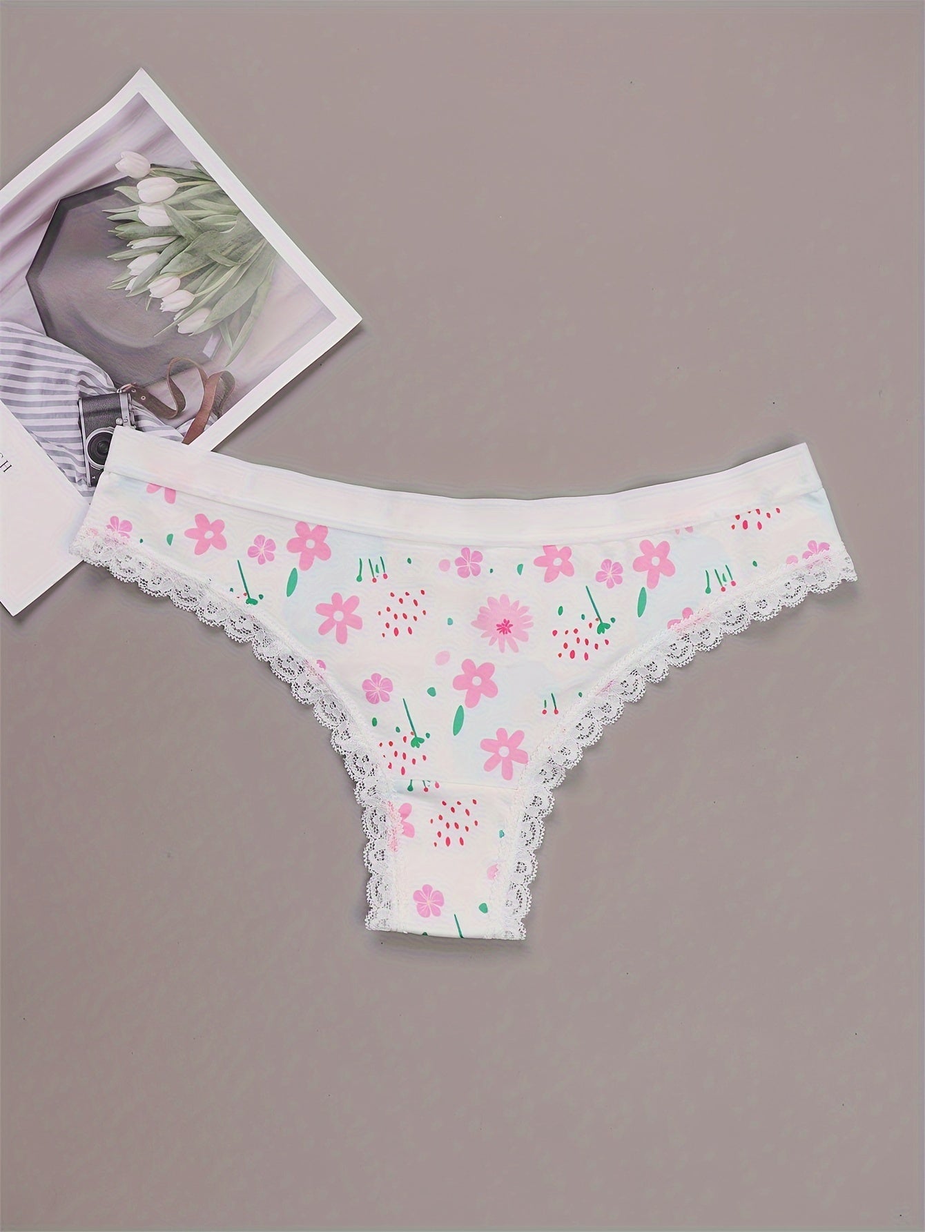 5 Pack Plus Size Panties Set Women's Plus Cat & Heart & Daisy Print