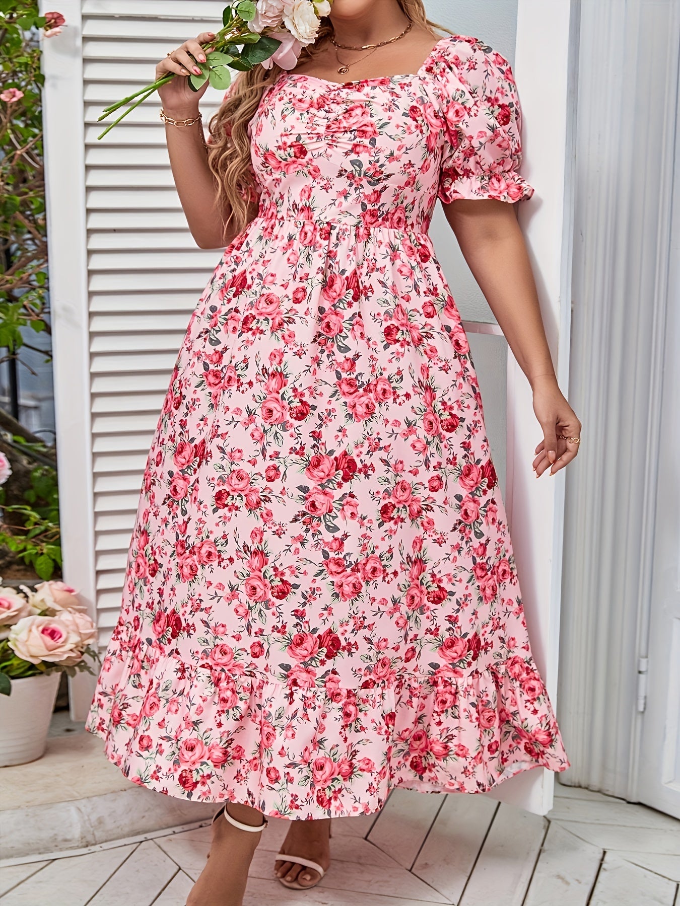 Floral Print Bubble Sleeve Sweetheart Neck Plus Size Dress