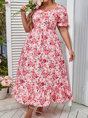 Floral Print Bubble Sleeve Sweetheart Neck Plus Size Dress