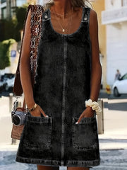 Loose Fit Denim Dress Round Neck Patch Pockets Adjustable Strap