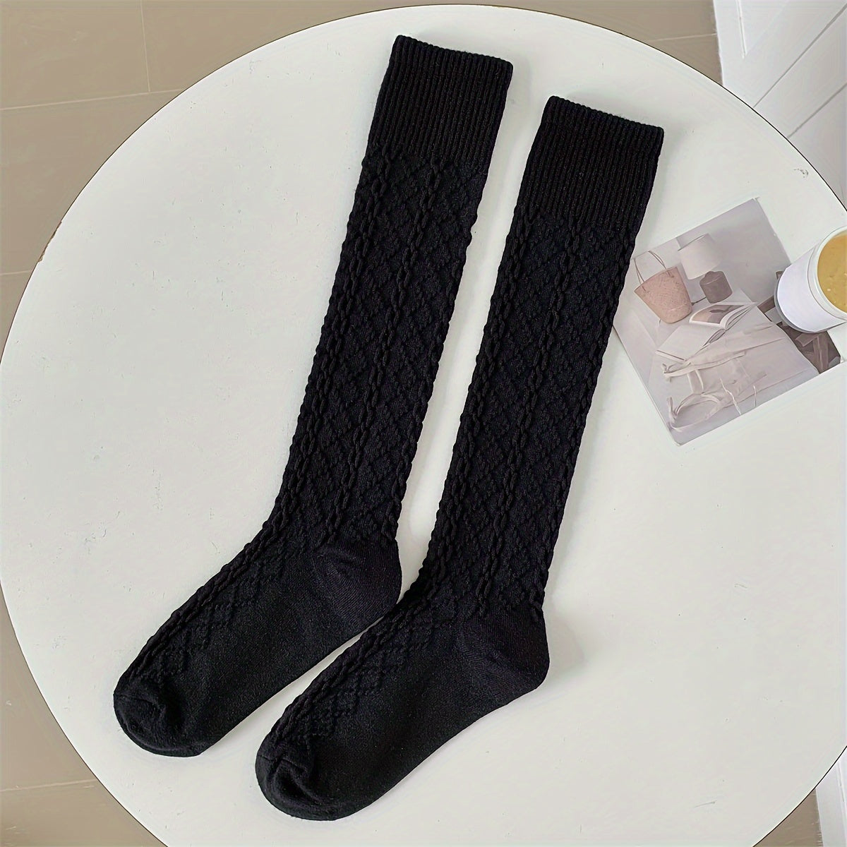 Argyle Textured Calf Socks Knee High Stockings Women's Hosiery