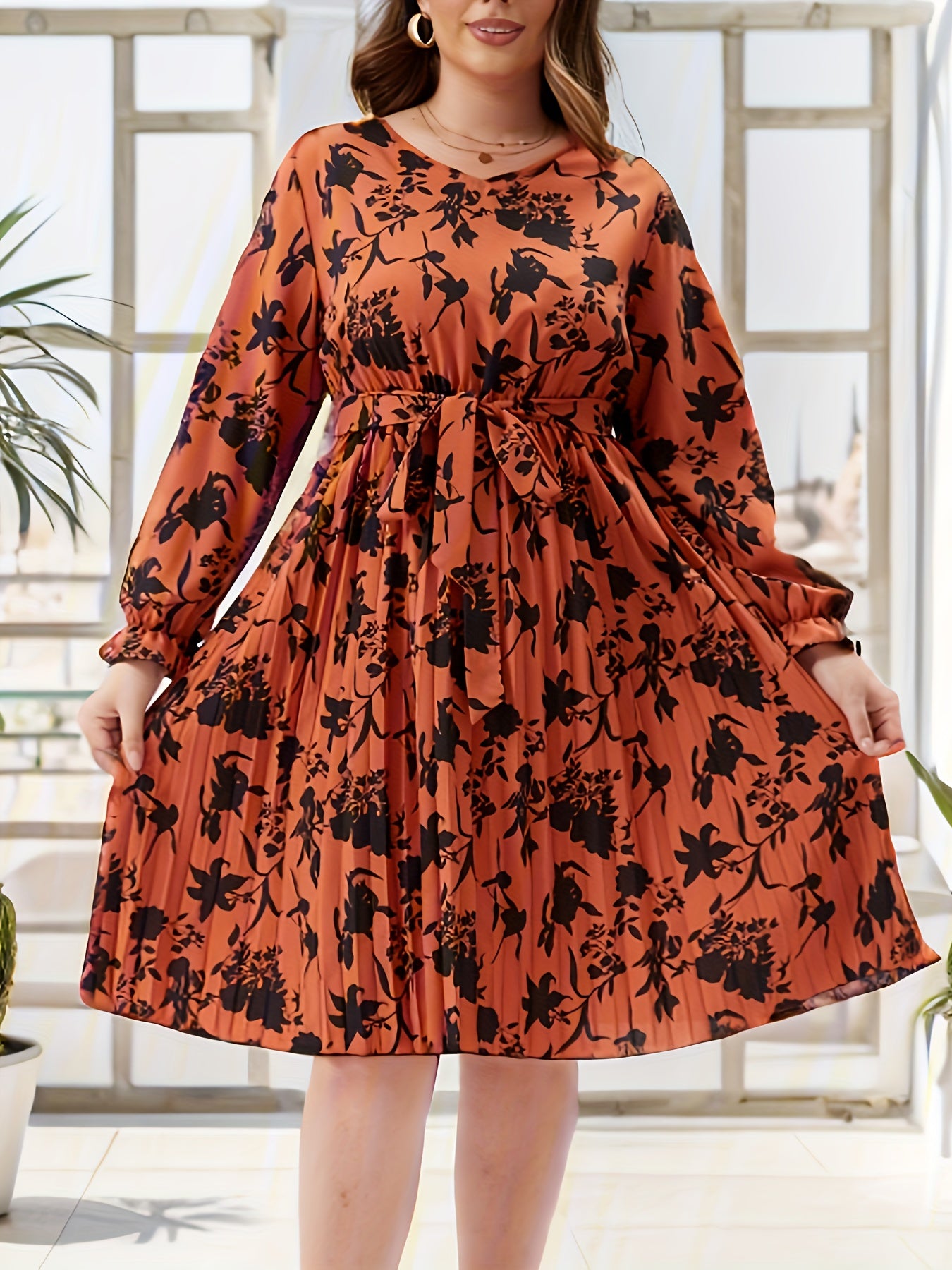 Floral Print Flounce Sleeve V Neck Pleated Dress