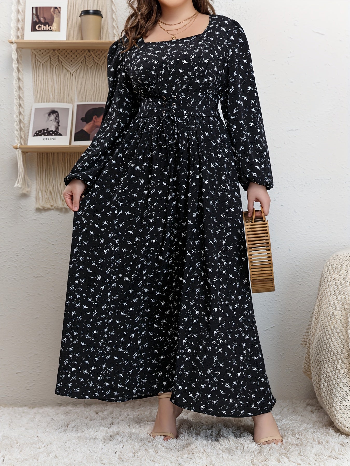  Abaya Dress Women's Plus Ditsy Floral Print Lantern Sleeve