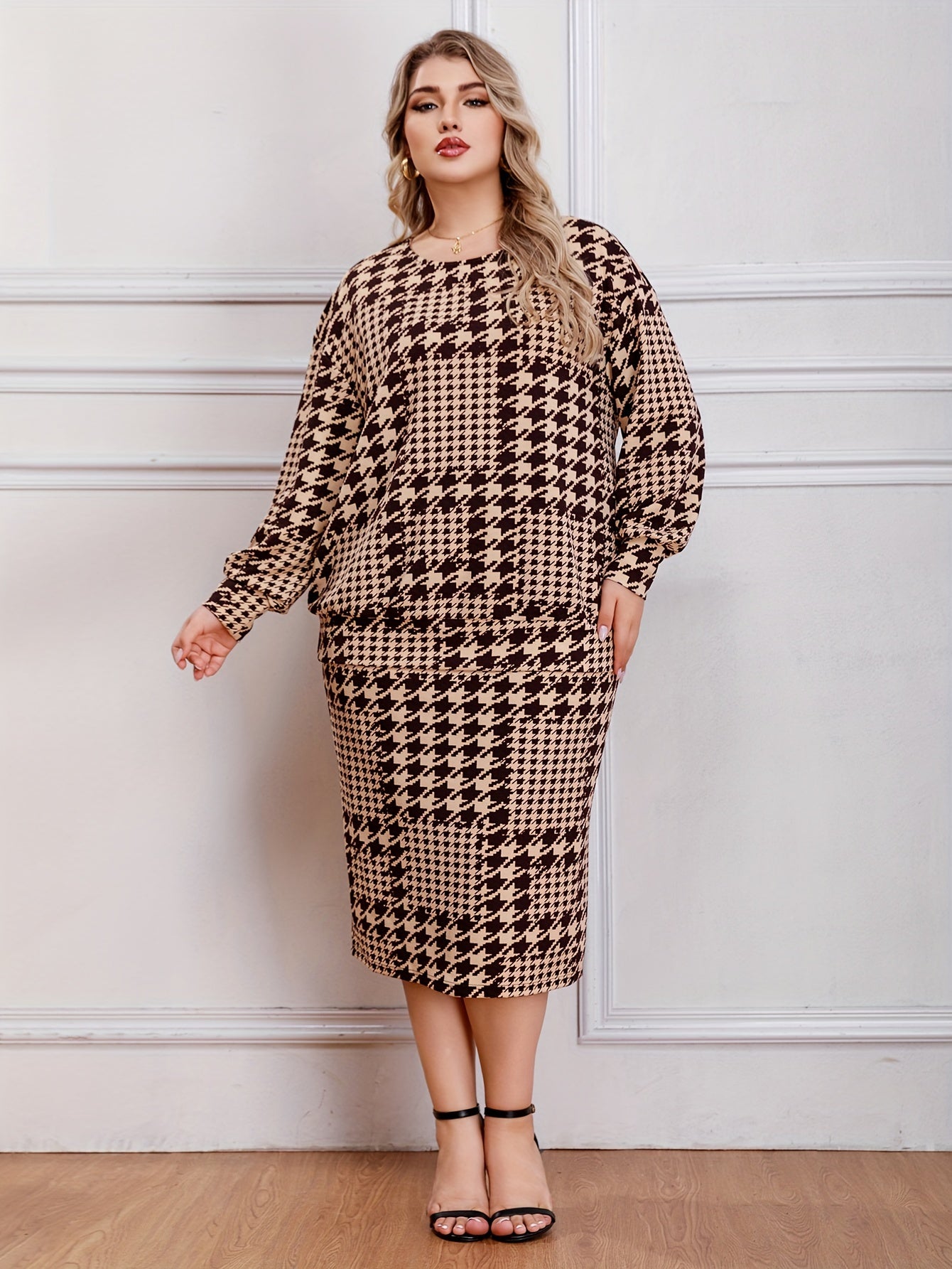  Houndstooth Print Top & Skirt Set