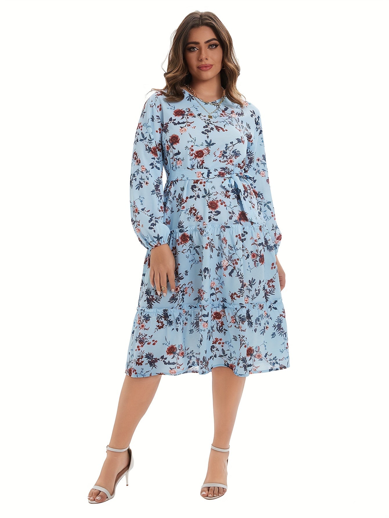  Women's Floral Lantern Sleeve Midi Dress