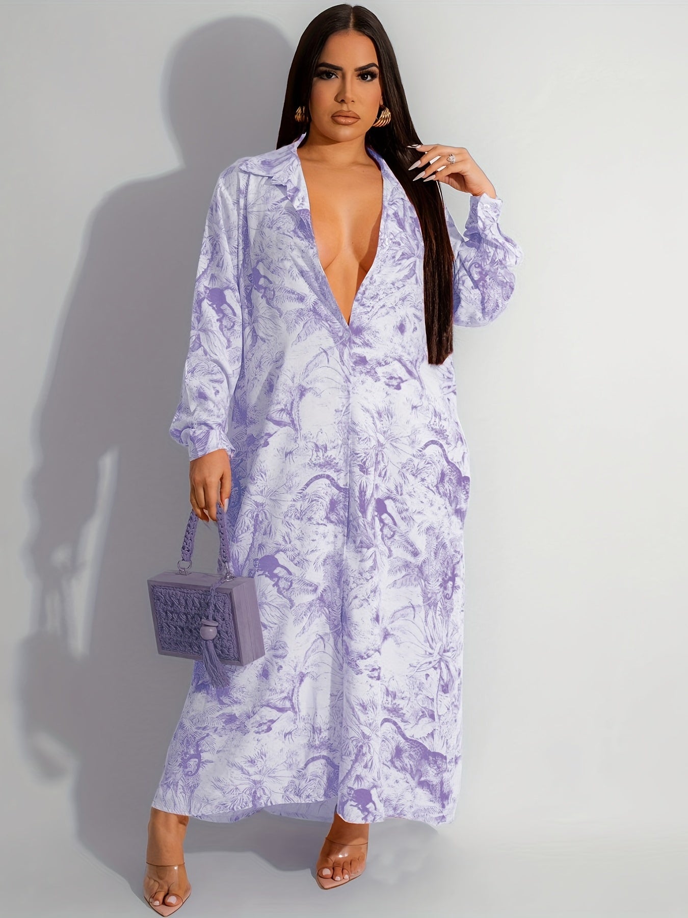  Leopard Print Deep V Neck Maxi Dress