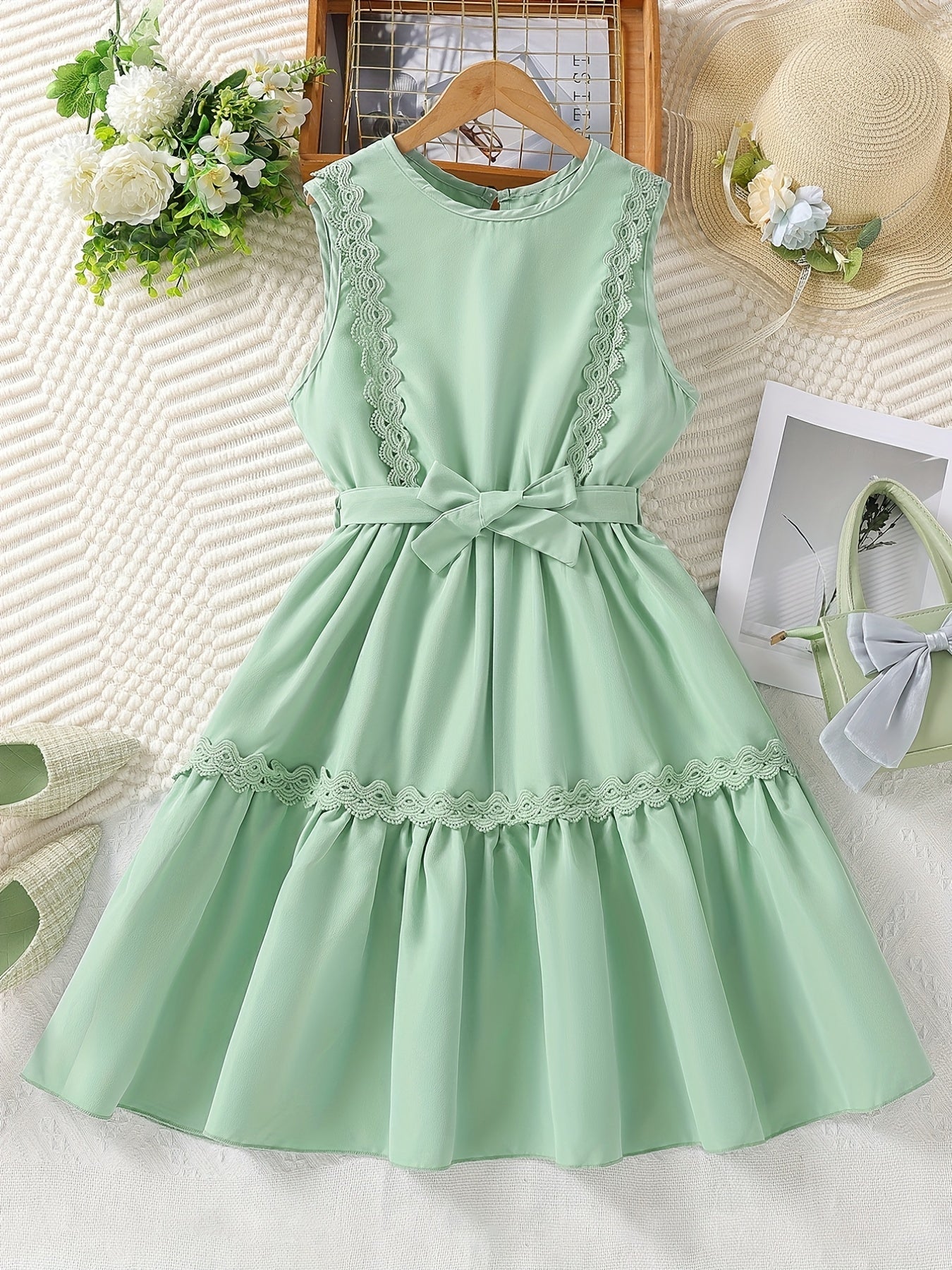 Girls' Lace Applique Sleeveless Tunic Dress Casual Party Vacation Kids Clothing