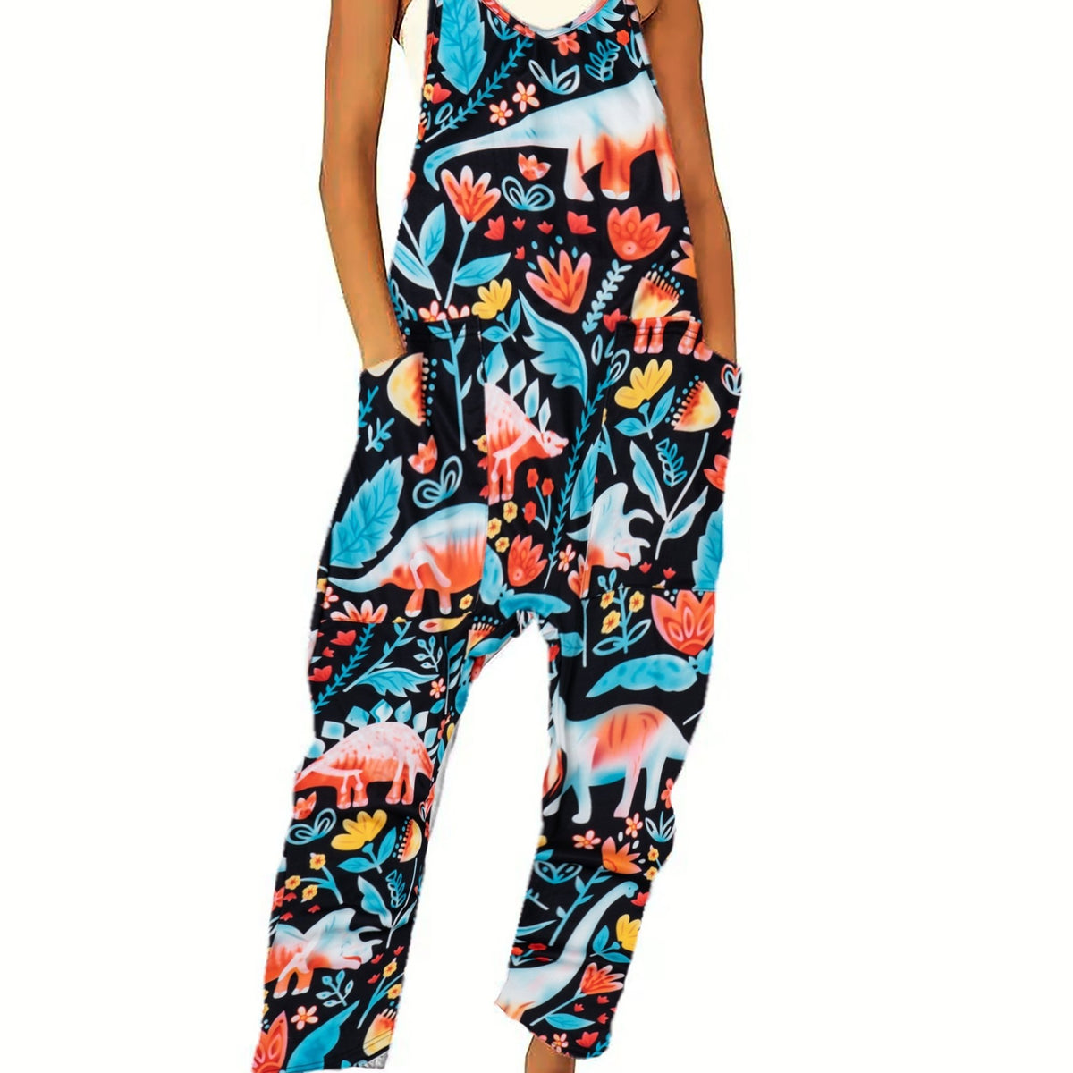 Boho Plant Print Spaghetti Strap Jumpsuit V Neck