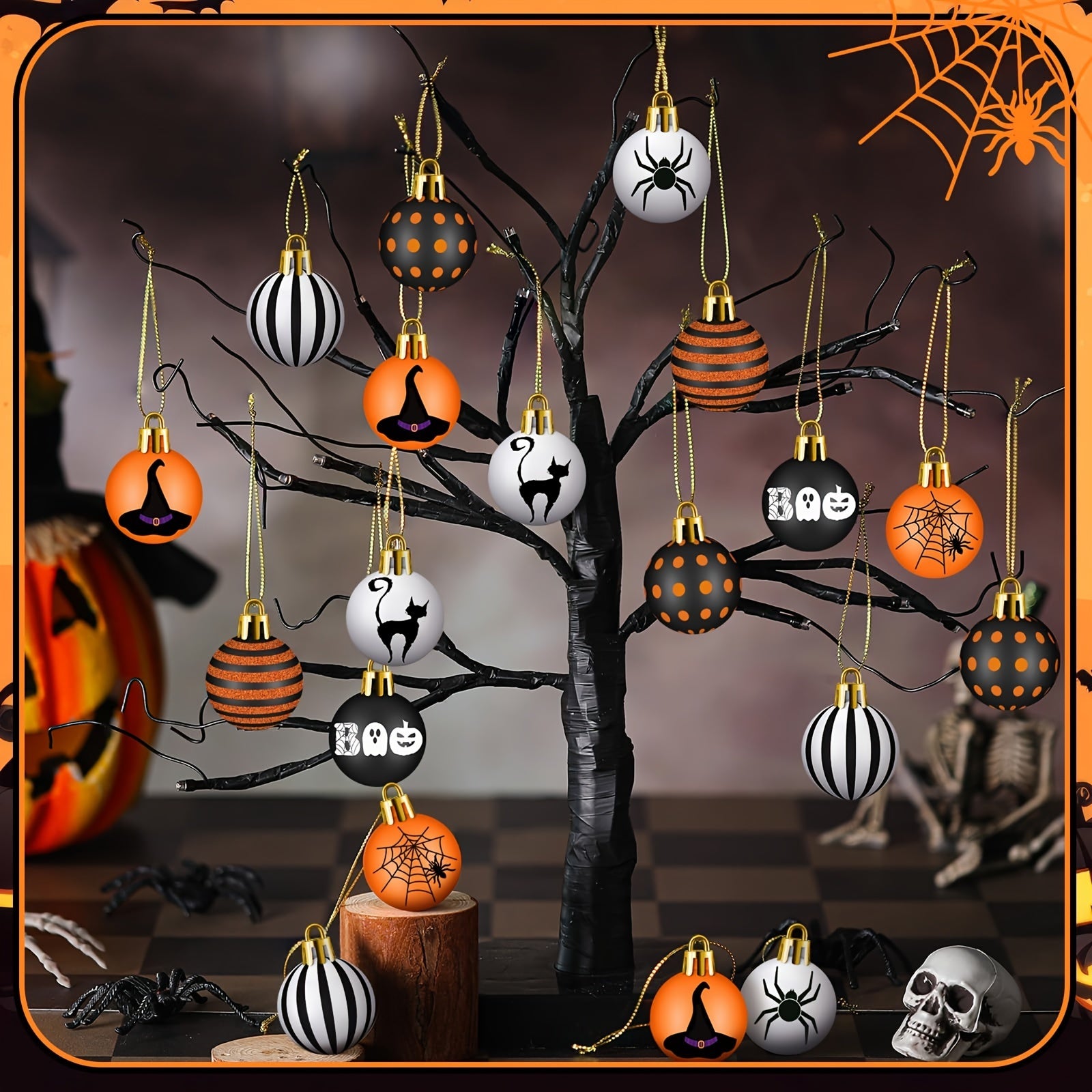 24 Pcs Halloween Ornament Set - Pumpkin Cat Spider Witch Hat Tree Decorations