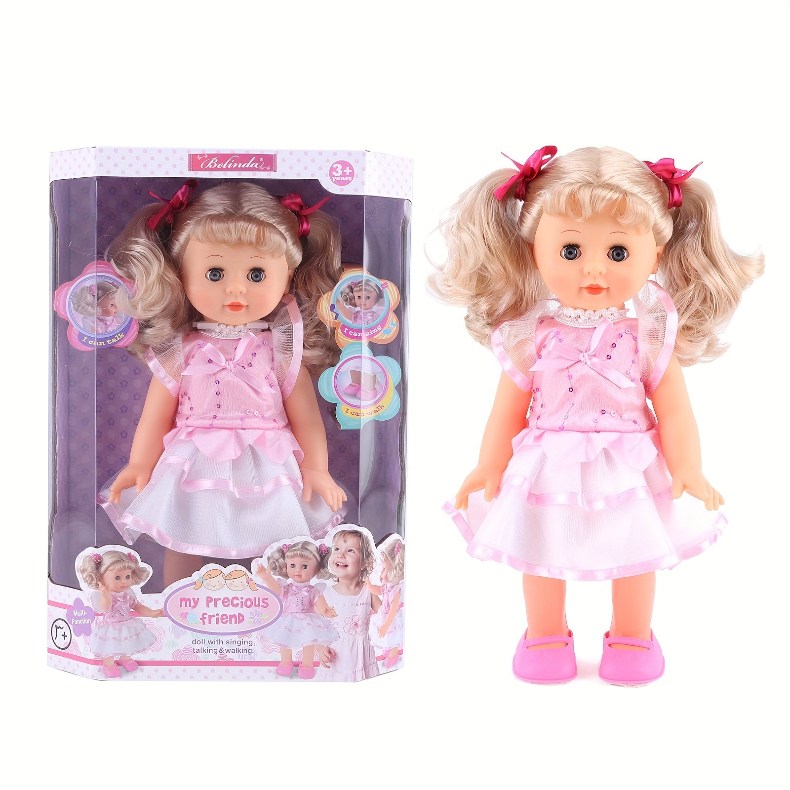 13" Interactive Walking & Singing Doll Pink Dress Red Bow 3 in 1 Functi