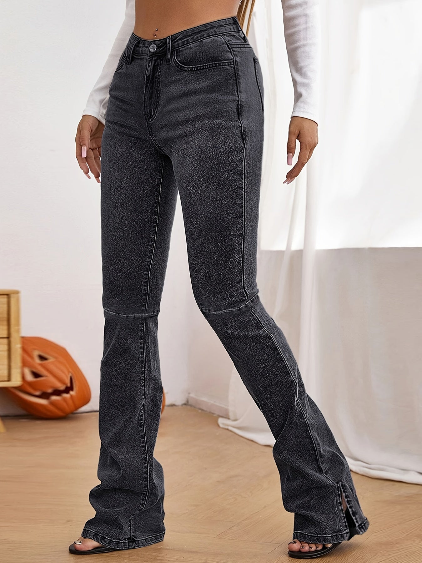 High Rise Cut Off Washed Grey Bootcut Jeans