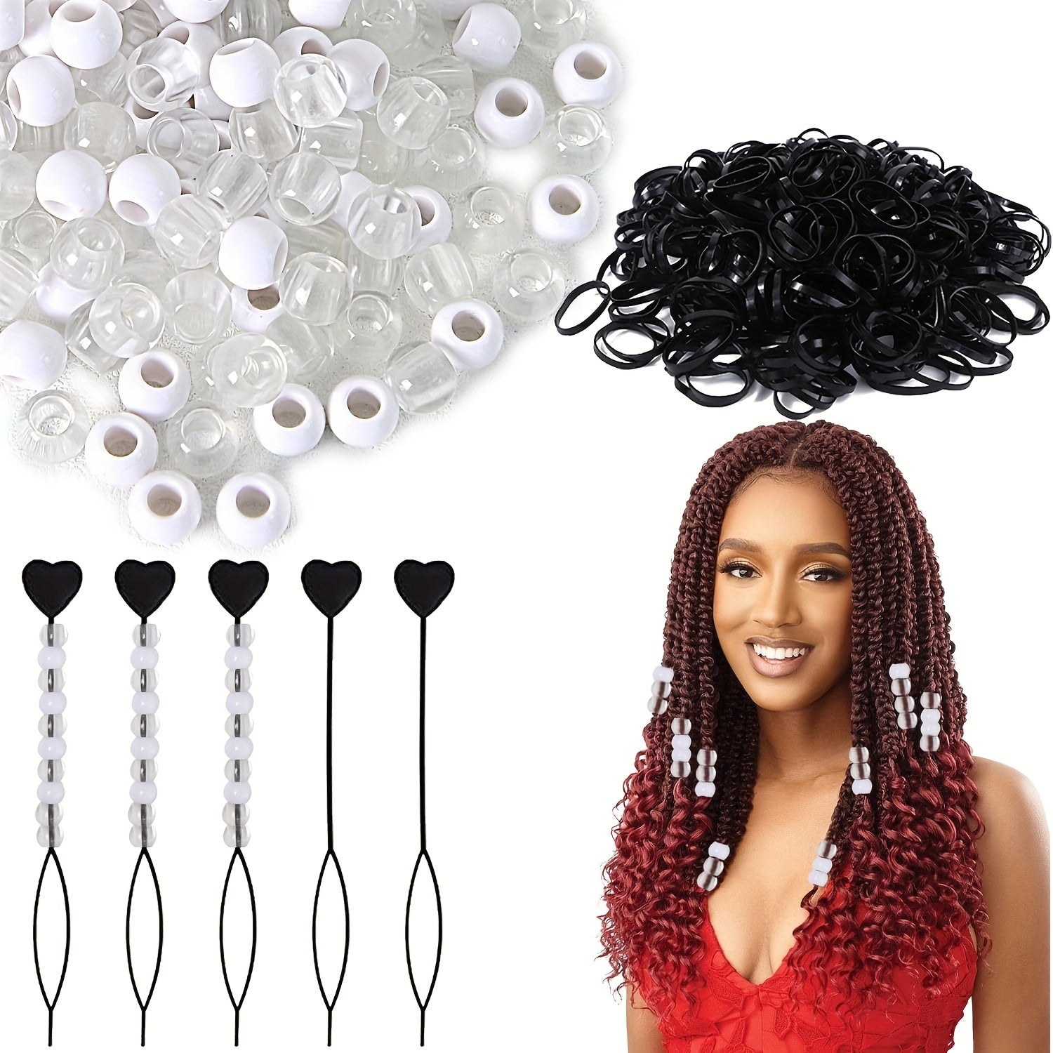 100Pcs Ponytail Beads, 5Pcs Quick Beader for Hair Braids, 500 Mini Rubber Bands