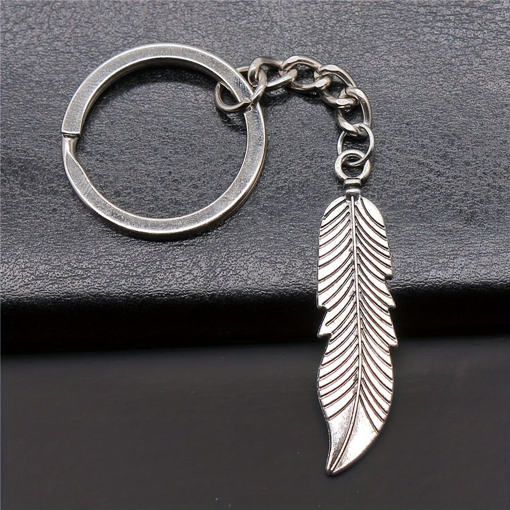 Vintage Silver Feather Pendant Keychain Metal Keyring