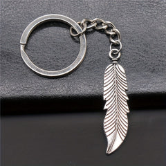 Vintage Silver Feather Pendant Keychain Metal Keyring