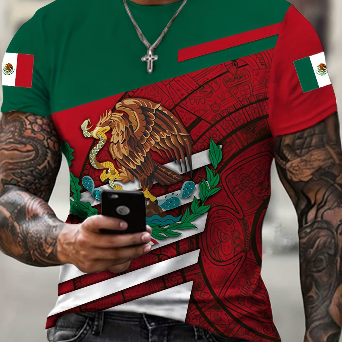 Mexico Eagle Holding Snake Print Men's Short Sleeve Novelty T shirt
