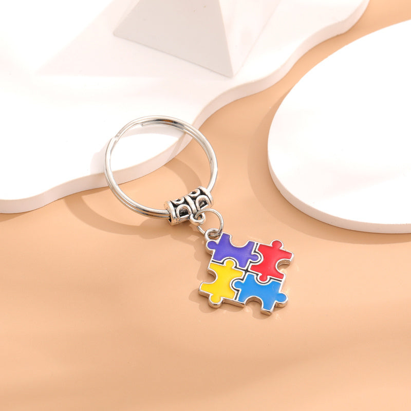 Metal Keychain Diy Four Peach Hearts Squares Ribbon Puzzle Car Keychain