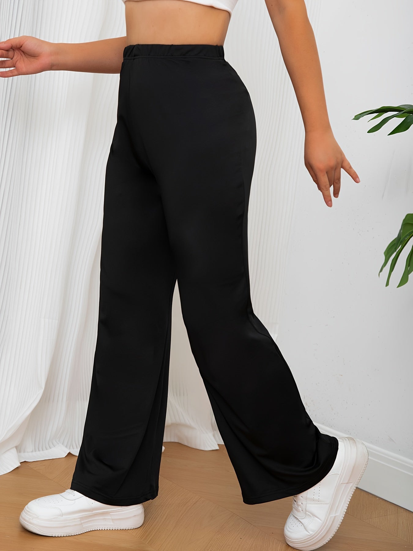  Solid Elastic High Rise Loose Fit Trousers