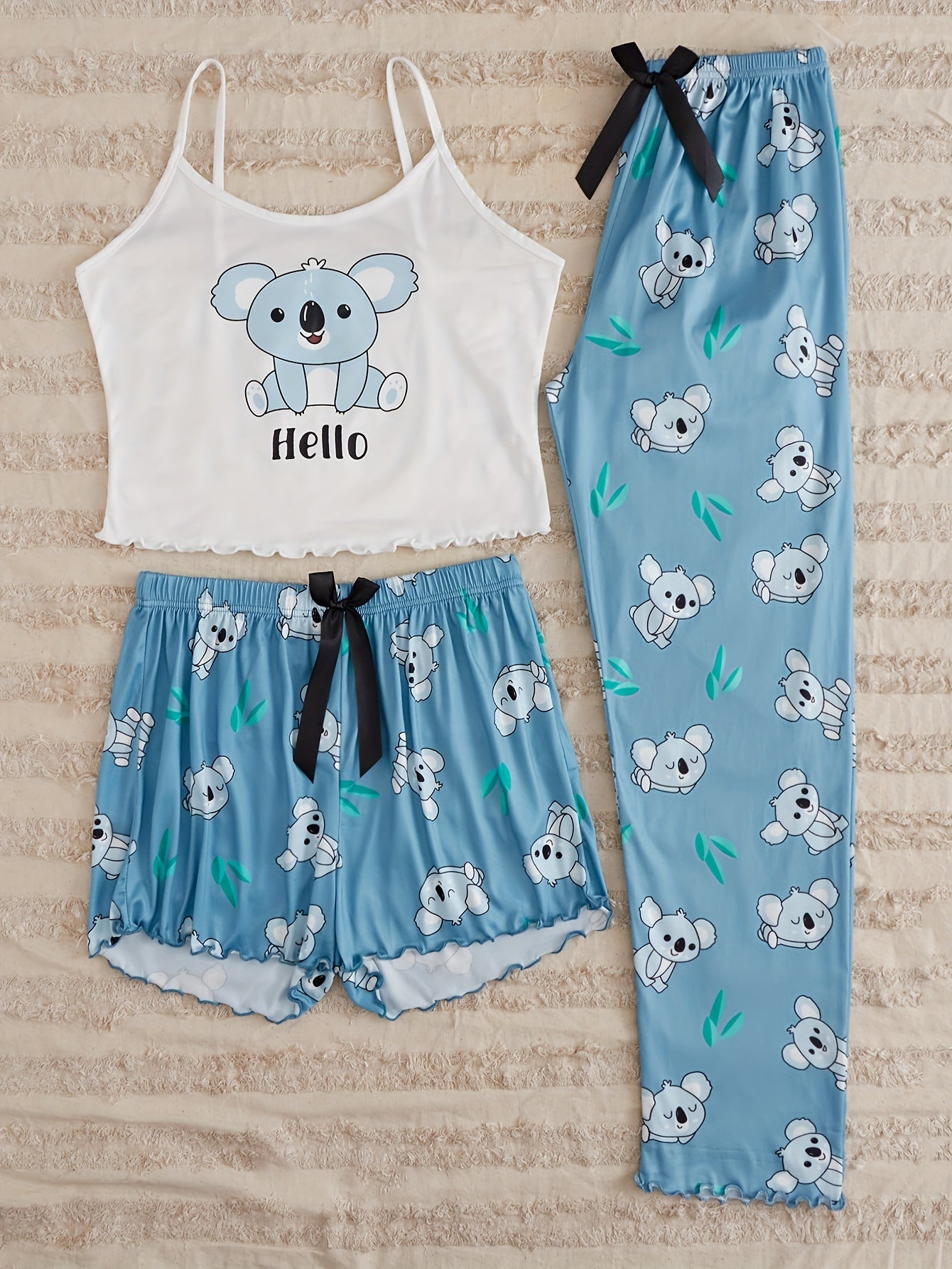 Koala Print Pajama Set Crew Neck Cami Top & Shorts & Pants