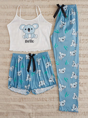 Koala Print Pajama Set Crew Neck Cami Top & Shorts & Pants
