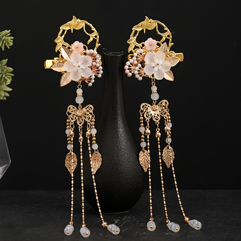 Flower Leaf Pearls Hairpins Tassel Hanfu Dress Hairclip