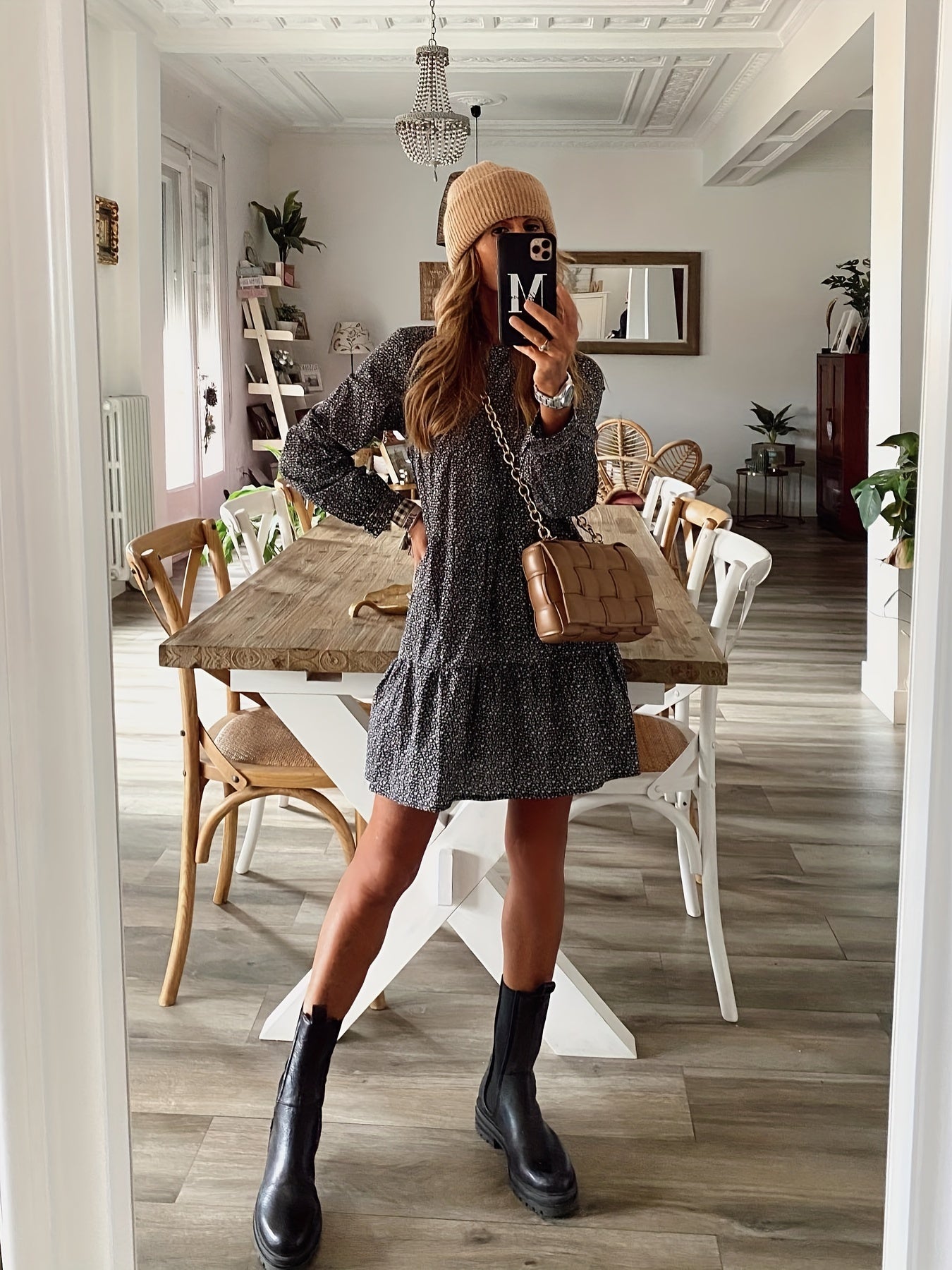 Women's Plus Ditsy Print Long Sleeve Round Neck Mini Smock Dress