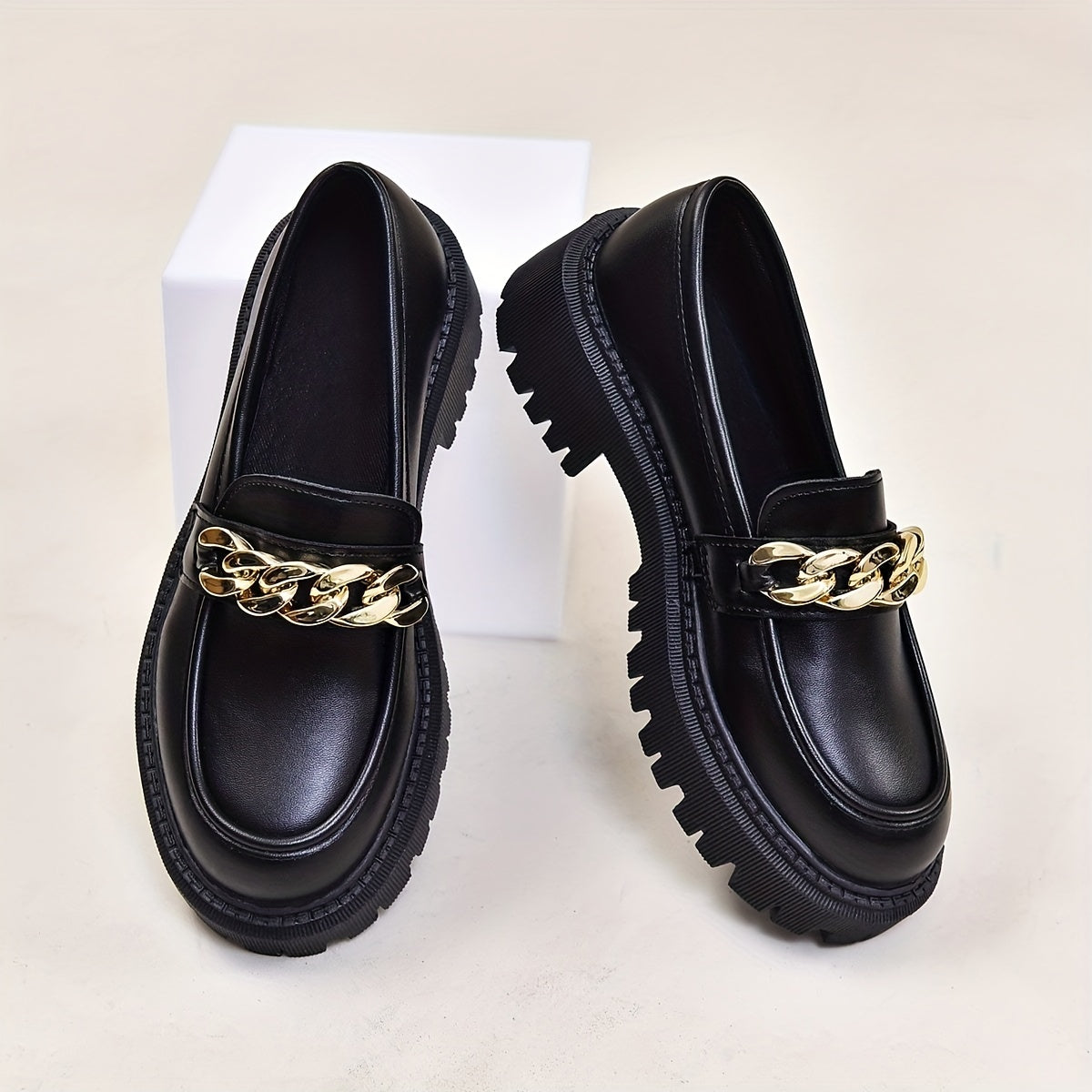 Women's Chain Decor Chunky Heel Loafers Slip On Faux Leather Shoes