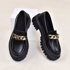 Women's Chain Decor Chunky Heel Loafers Slip On Faux Leather Shoes