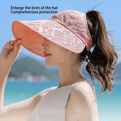 Letter Jacquard Ponytail Visor Hat Wide Brim Sunscreen Cap