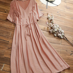  V-Neck Belted Pleated Dress