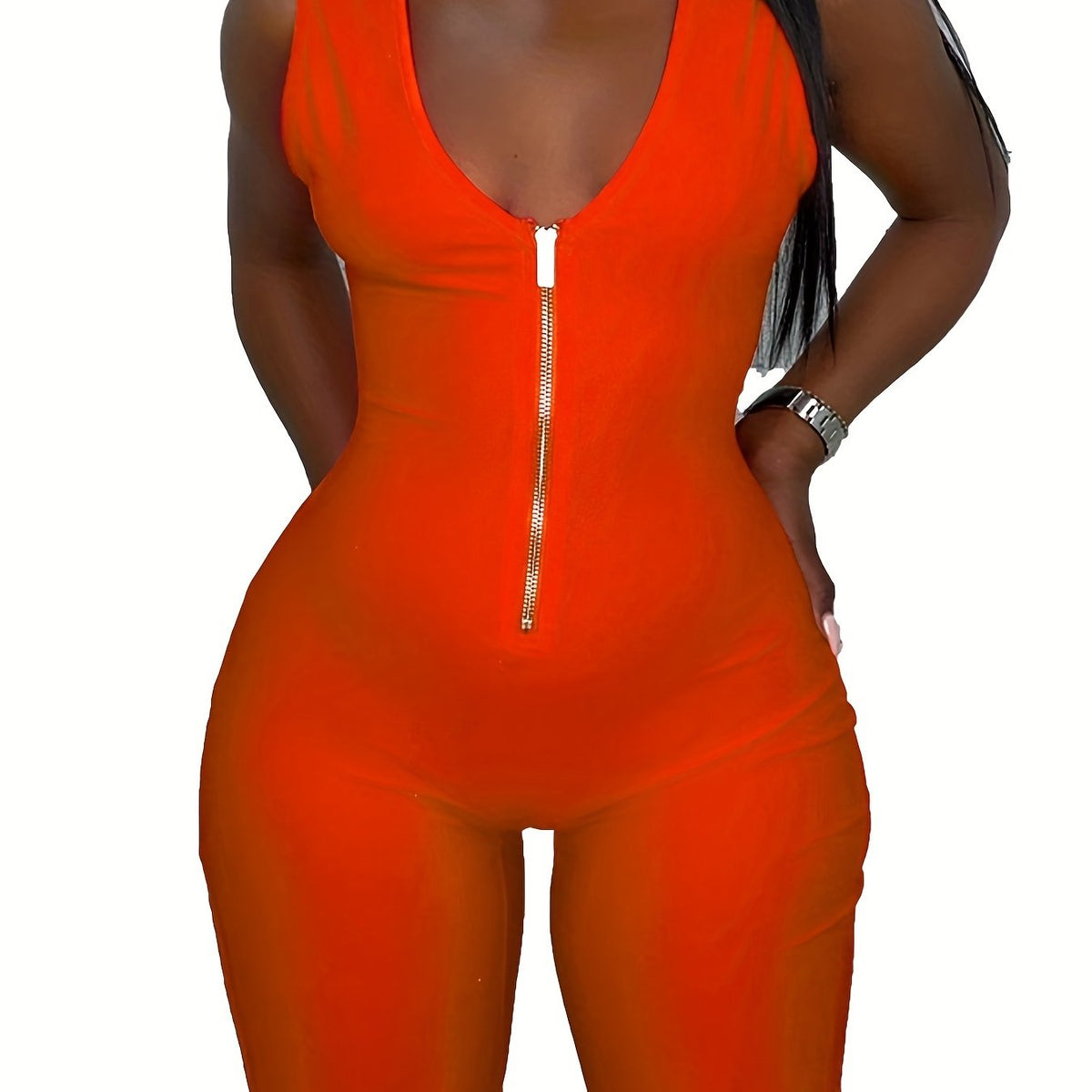 Solid V Neck Sleeveless Bodycon Romper