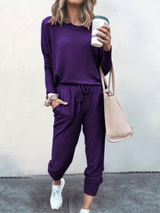 Casual Two-piece Set Long Sleeve T-shirt & Drawstring Pants Outfit