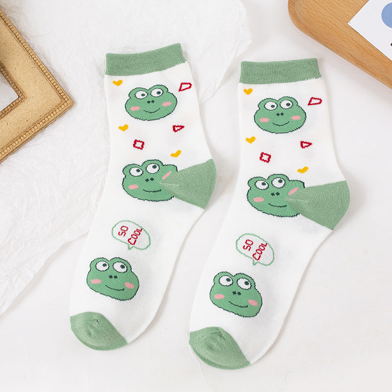 5 Pairs Cartoon Frog Mid Tube Socks Women's Stockings