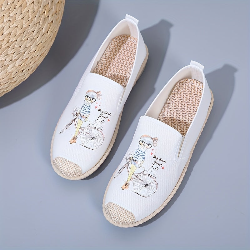 Women's Cartoon Print Flat Loafers Linen Slip On Canvas Shoes