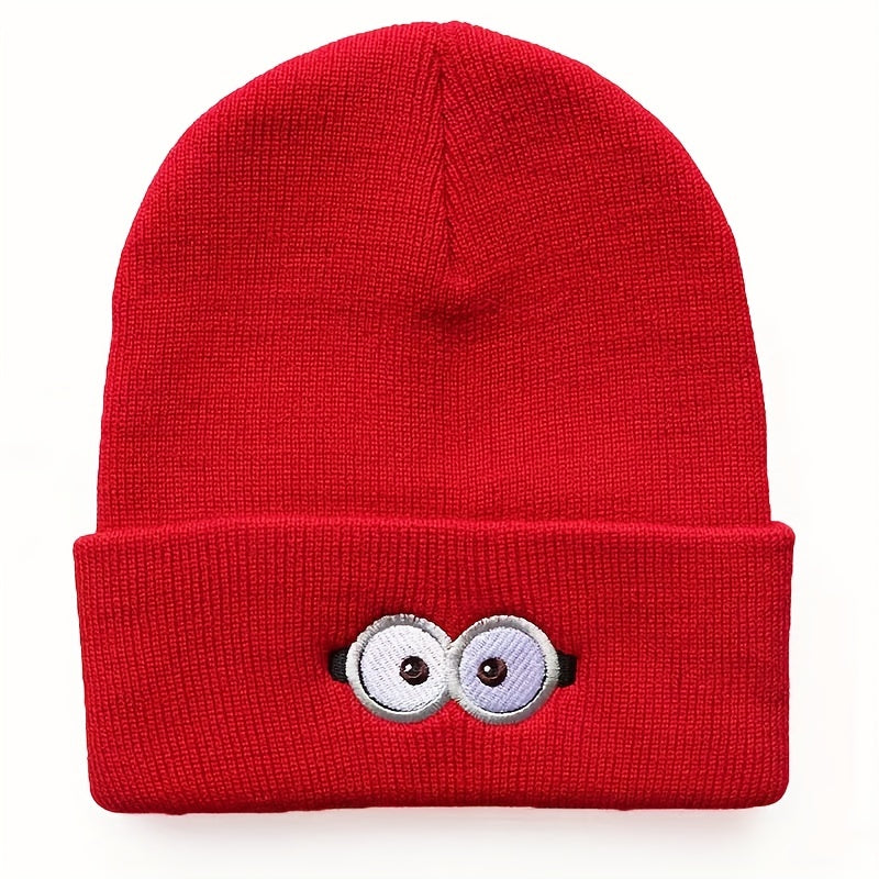 Anime Eyes Glasses Embroidery Wool Beanie Hat, Windproof Knit Cap