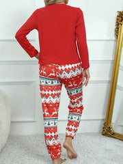  Snowflake & Deer Print Pajama Set Long Sleeve Crew Neck Top & Joggers