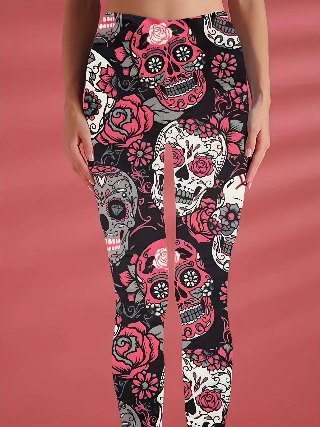  Halloween Sports Leggings Women's Plus Floral Skull Print High Waist
