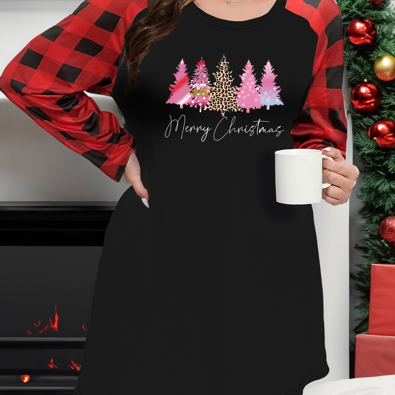  Christmas Tree & Slogan Print Plaid Raglan Sleeve Nightdress