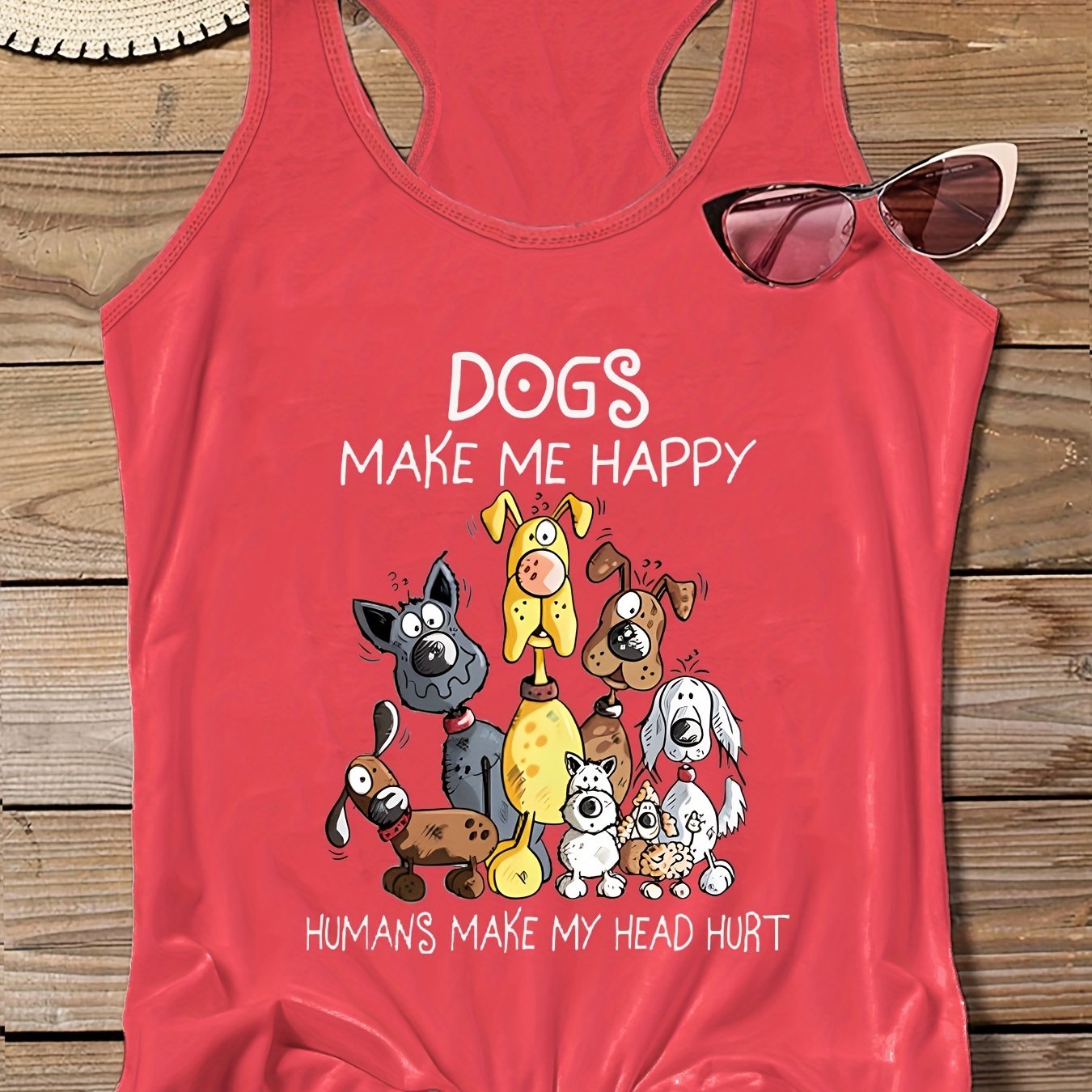  Cartoon Dog Print Round Neck Stretch Vest Top
