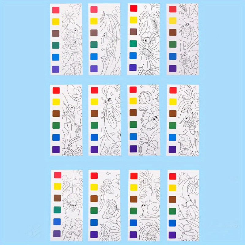 12pcs Watercolor Coloring Book for Kids, Built-in Watercolor Palette