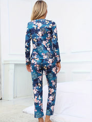 Floral Print Pajama Set Long Sleeve Crew Neck Top & Elastic Waistband Pants
