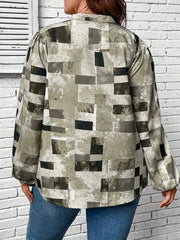  Geo Print Lantern Sleeve Notched Neck Blouse