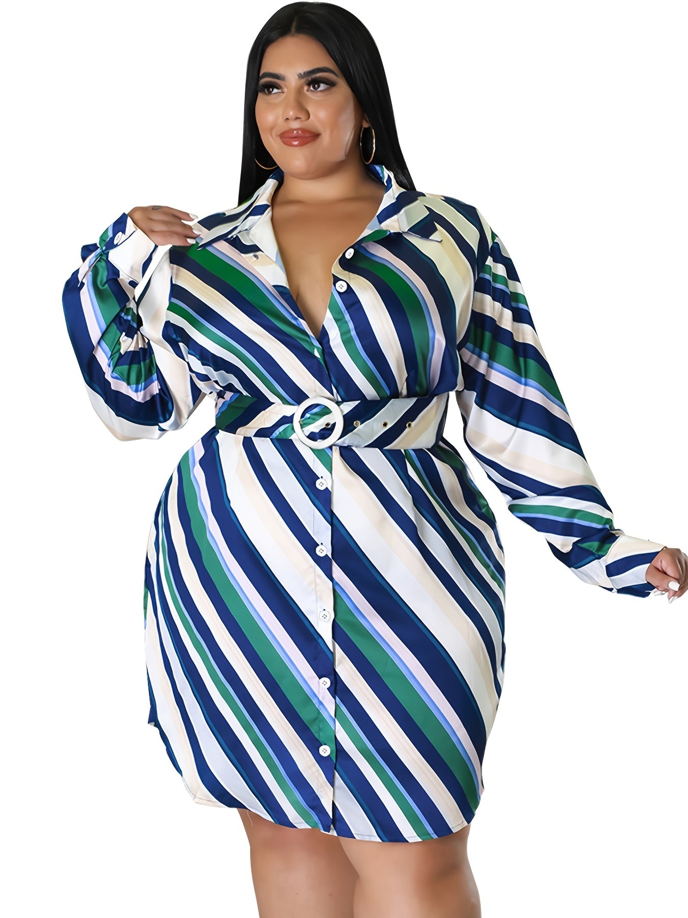  Strip Print Lapel Collar Belted Mini Dress