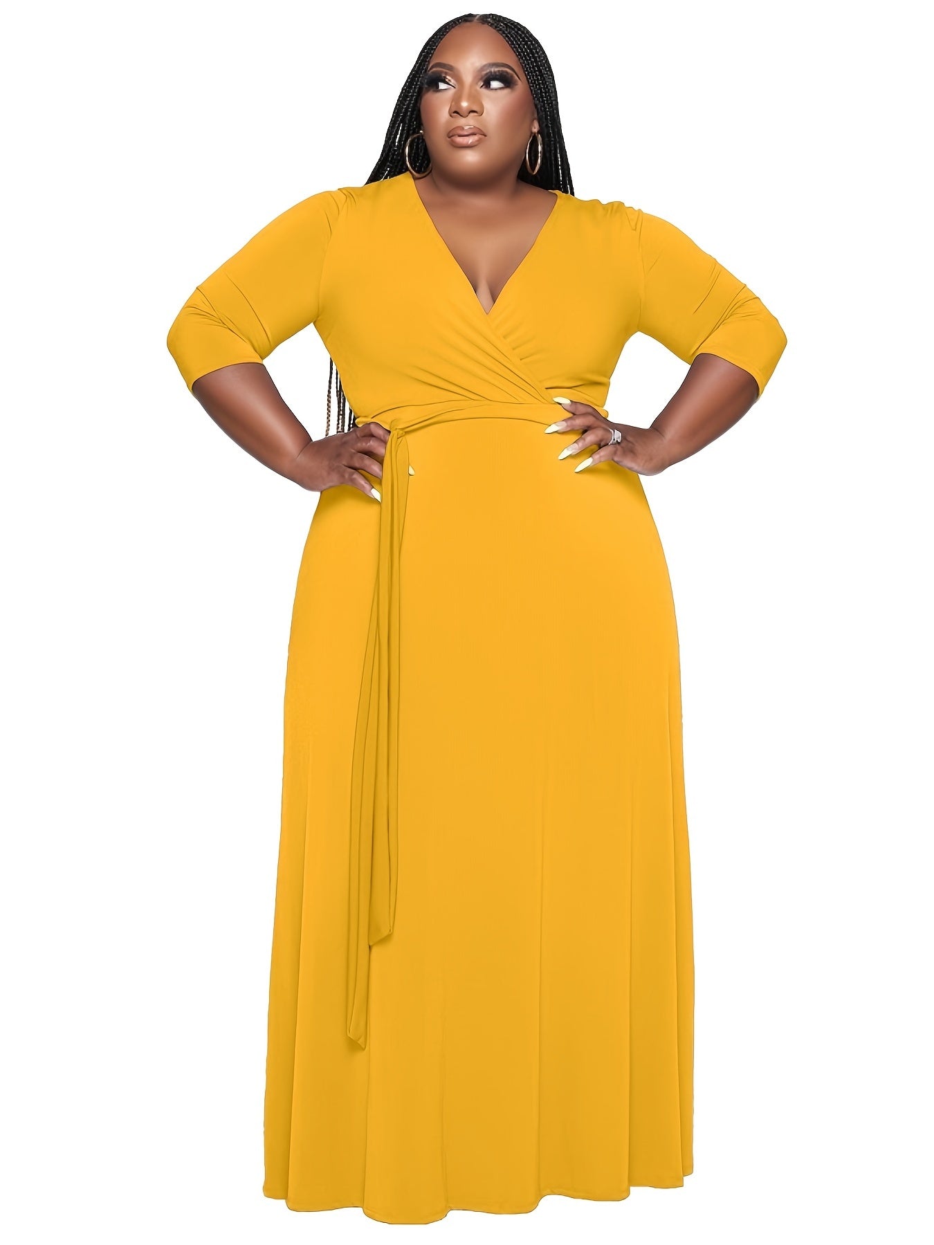 V Neck 3/4 Sleeve Maxi Dress With Belt Women's Plus Casual Long Dress
