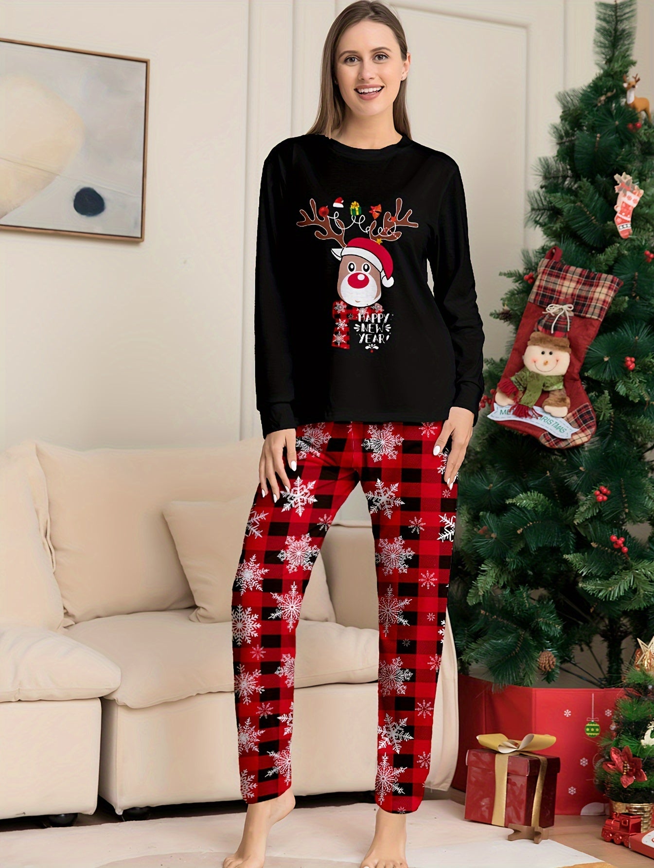 Christmas Elk Print Pajama Set Long Sleeve Top & Pants Women's Sleepwear