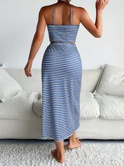 Striped Print Lounge Set Crew Neck Cami Top & Split Skirt Women's Loungewear