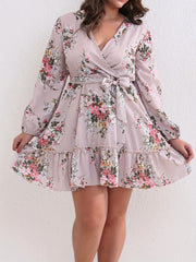 Floral Print Lantern Sleeve Plus Size Mini Dress With Belt