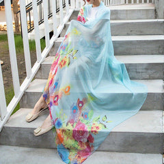 Boho Peacock Feather Print Chiffon Scarf Bikini Cover Up