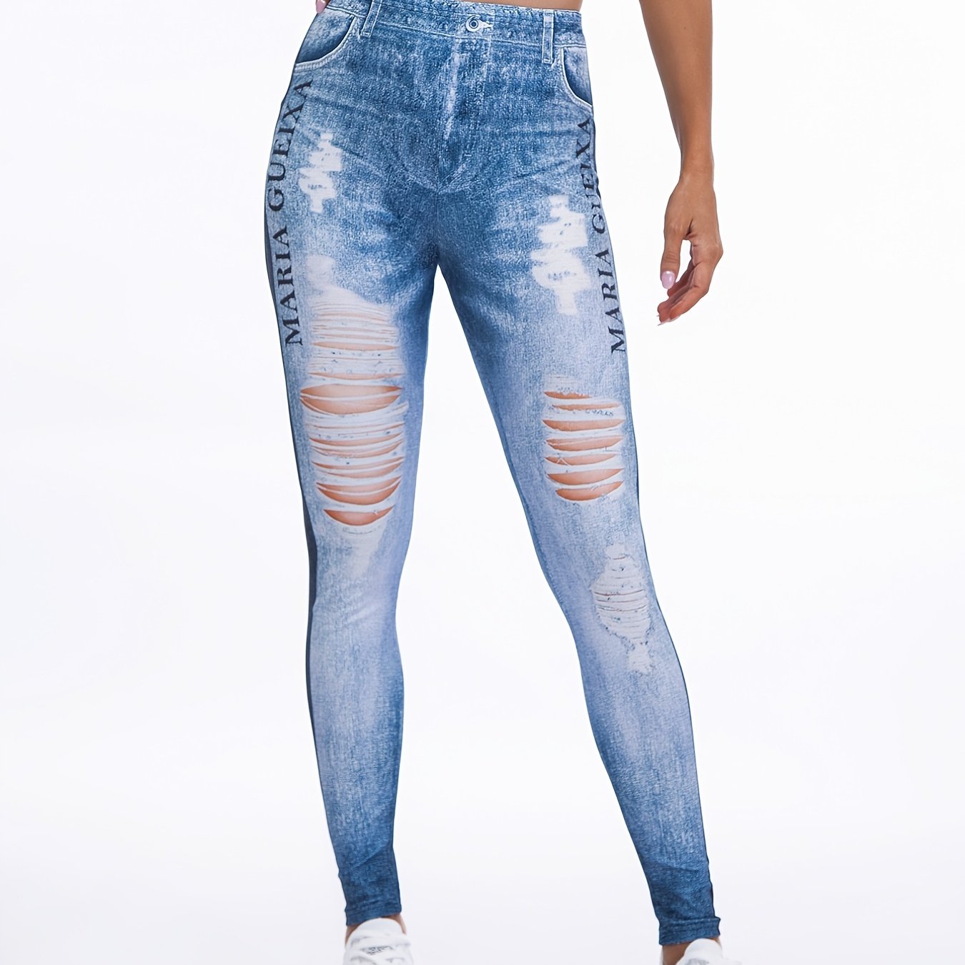 Floral Printed High Waist Leggings Faux Denim Yoga Pants